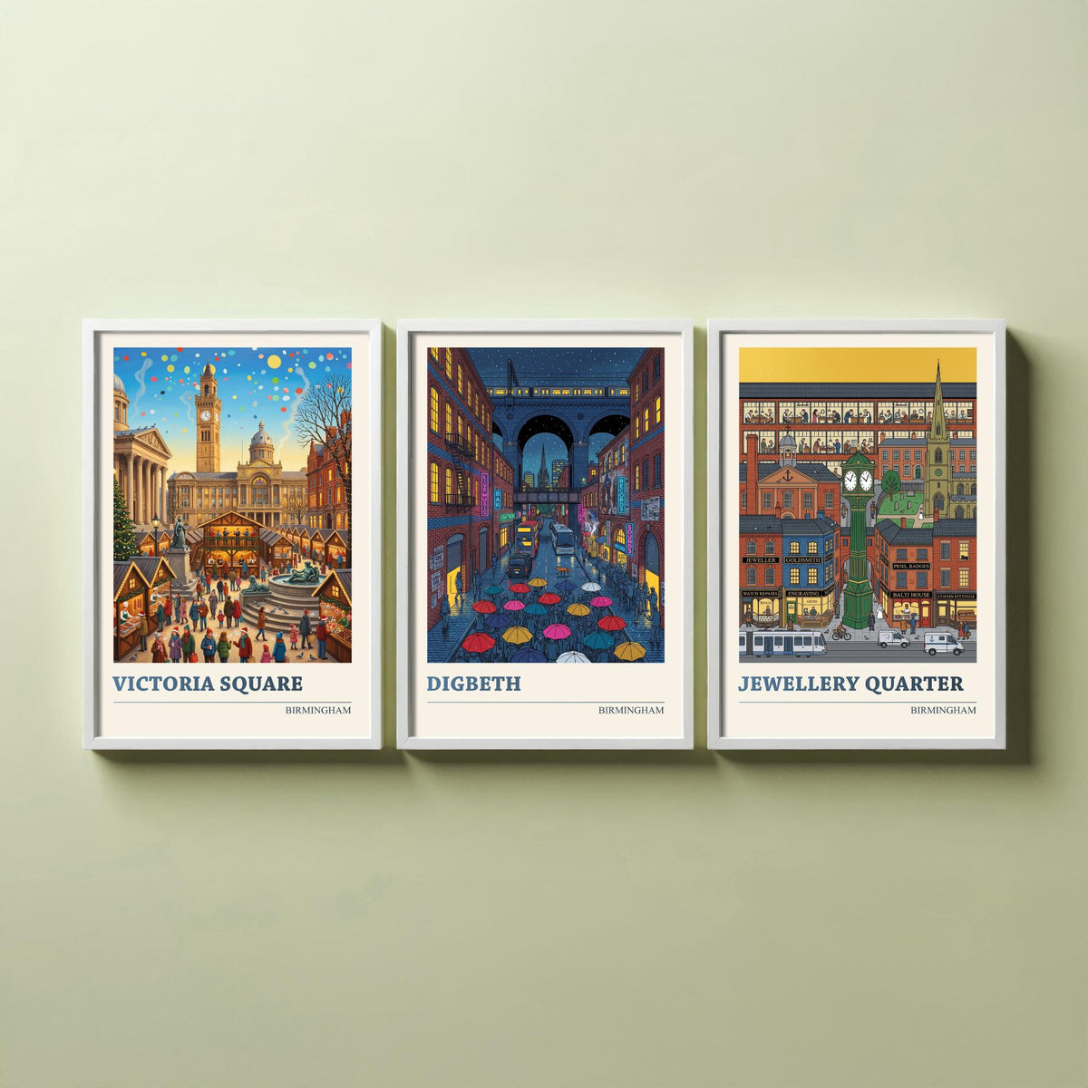 Birmingham Set of Three Art Prints - Victoria Square, Digbeth, Jewellery Quarter - 3 Folk Illustration Travel Posters - Brummie Painting