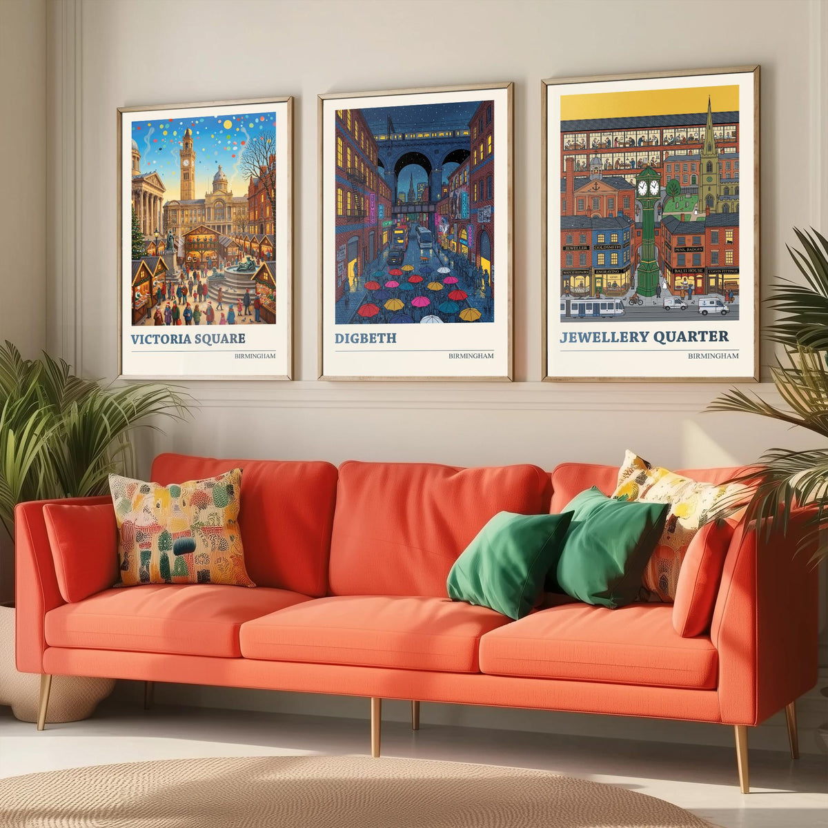 Birmingham Set of Three Art Prints - Victoria Square, Digbeth, Jewellery Quarter - 3 Folk Illustration Travel Posters - Brummie Painting