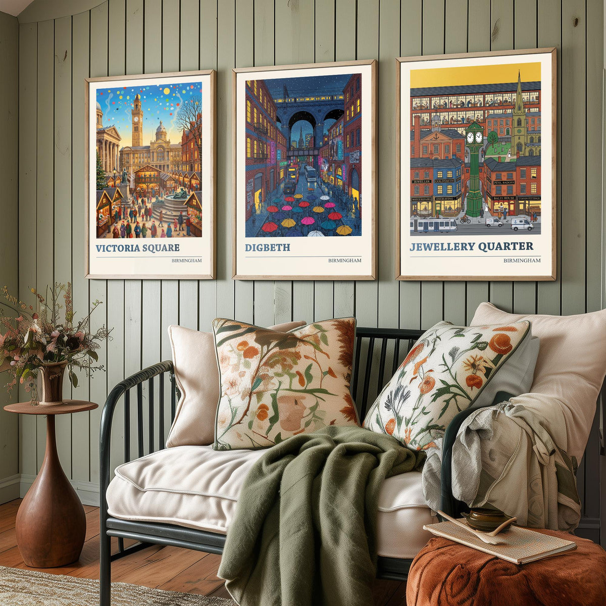 Birmingham Set of Three Art Prints - Victoria Square, Digbeth, Jewellery Quarter - 3 Folk Illustration Travel Posters - Brummie Painting