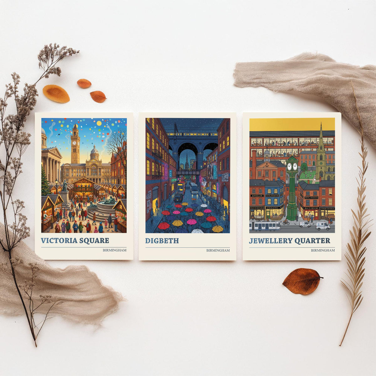 Birmingham Set of Three Art Prints - Victoria Square, Digbeth, Jewellery Quarter - 3 Folk Illustration Travel Posters - Brummie Painting