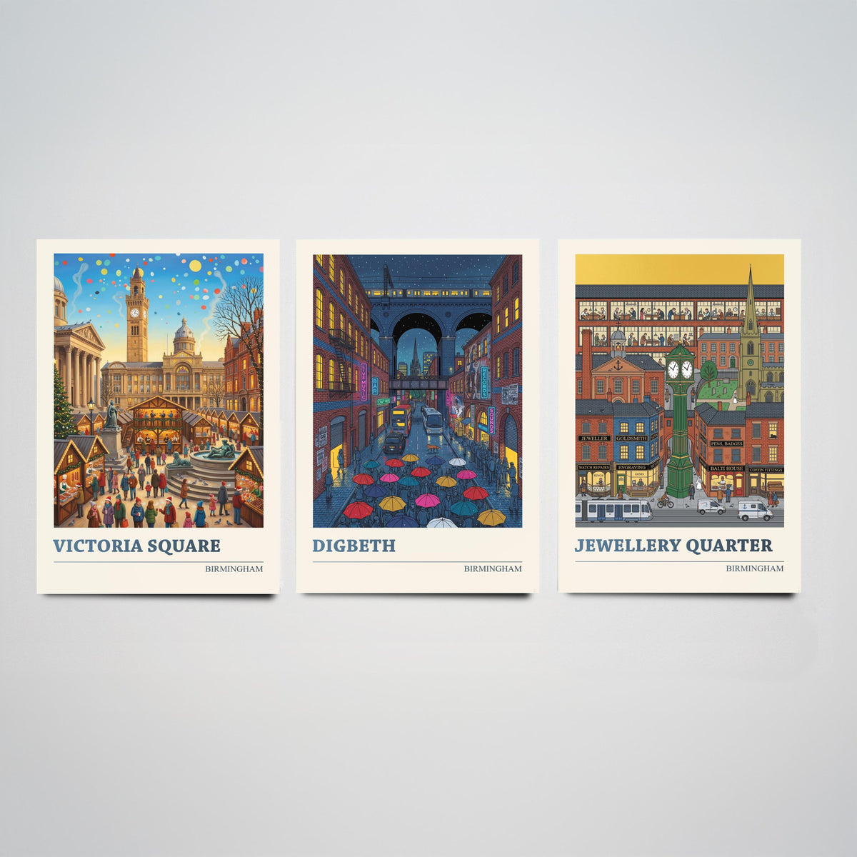 Birmingham Set of Three Art Prints - Victoria Square, Digbeth, Jewellery Quarter - 3 Folk Illustration Travel Posters - Brummie Painting