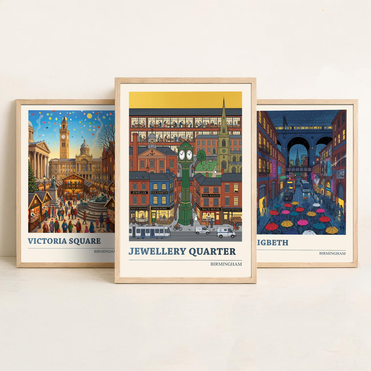 Birmingham Set of Three Art Prints - Victoria Square, Digbeth, Jewellery Quarter - 3 Folk Illustration Travel Posters - Brummie Painting