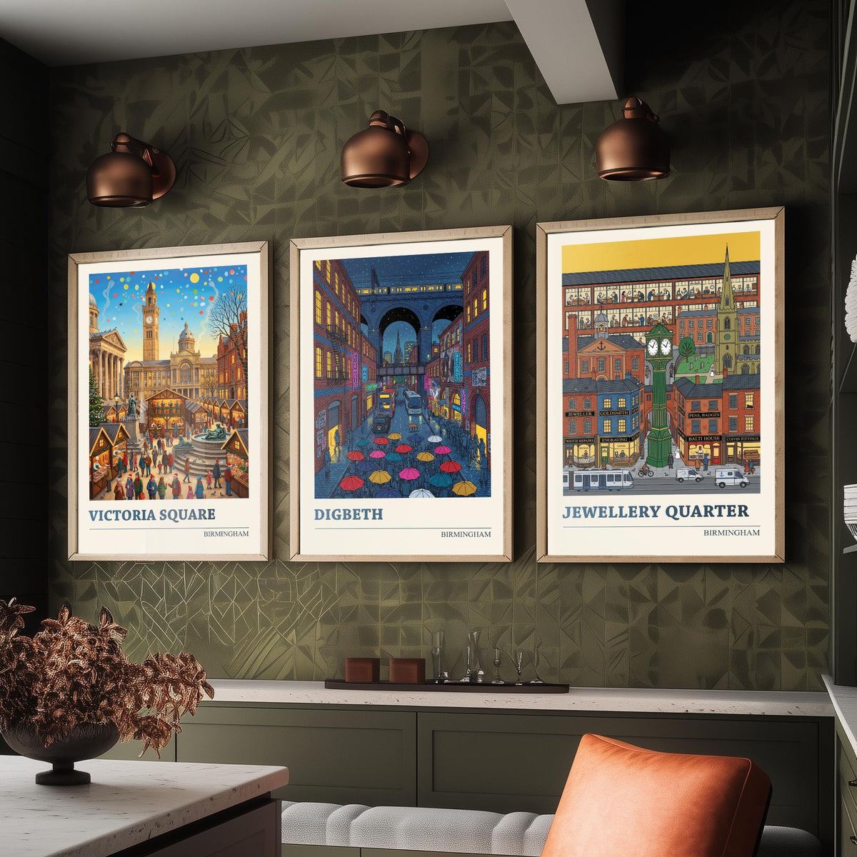 Birmingham Set of Three Art Prints - Victoria Square, Digbeth, Jewellery Quarter - 3 Folk Illustration Travel Posters - Brummie Painting