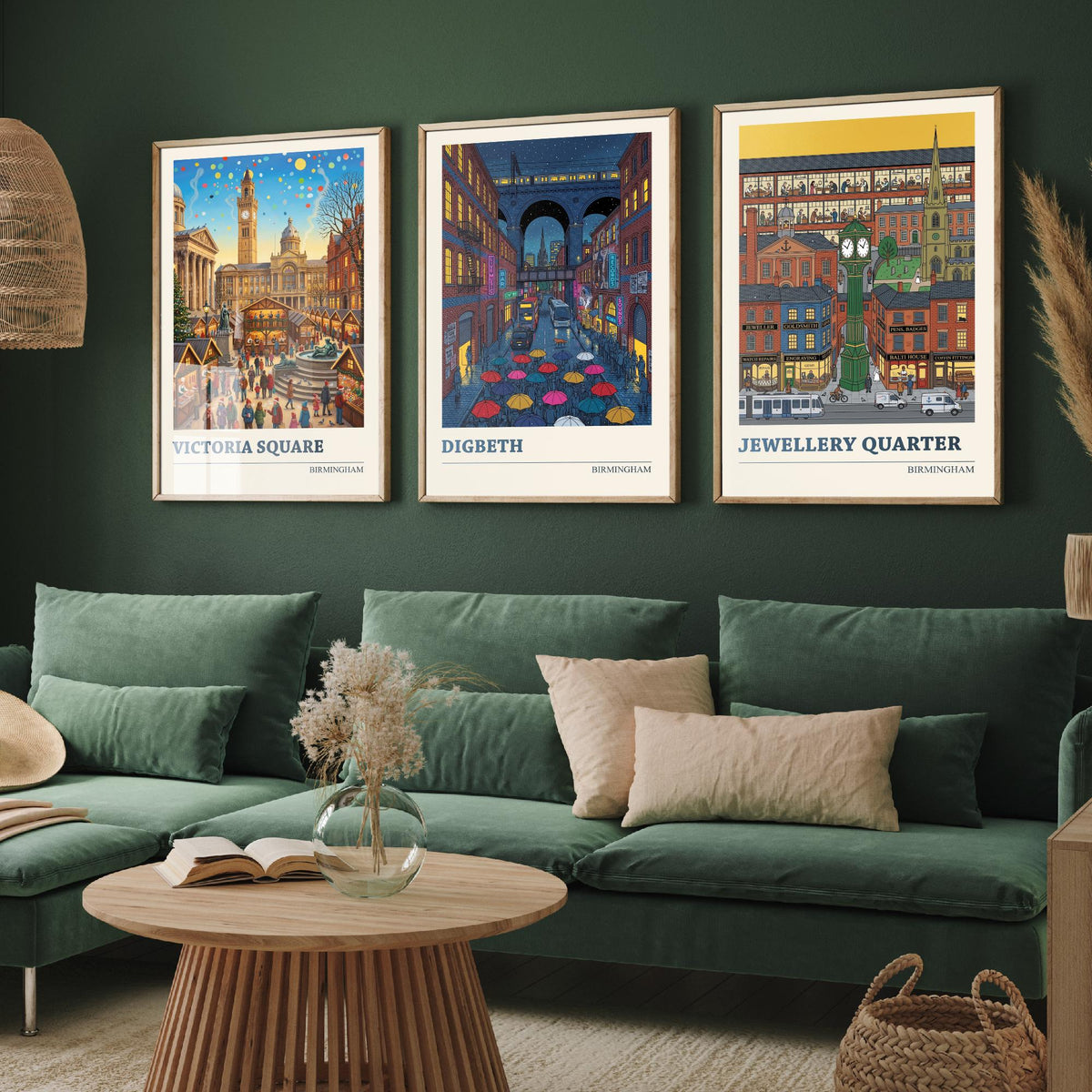 Birmingham Set of Three Art Prints - Victoria Square, Digbeth, Jewellery Quarter - 3 Folk Illustration Travel Posters - Brummie Painting