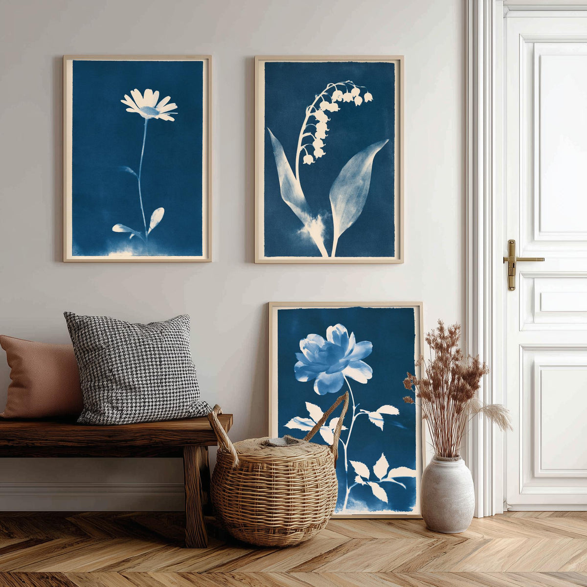 April to June Birth Flower Set of Three Art Prints - Daisy, Lily of the Valley, Rose - Blue Cyanotype Botanical Illustration Posters