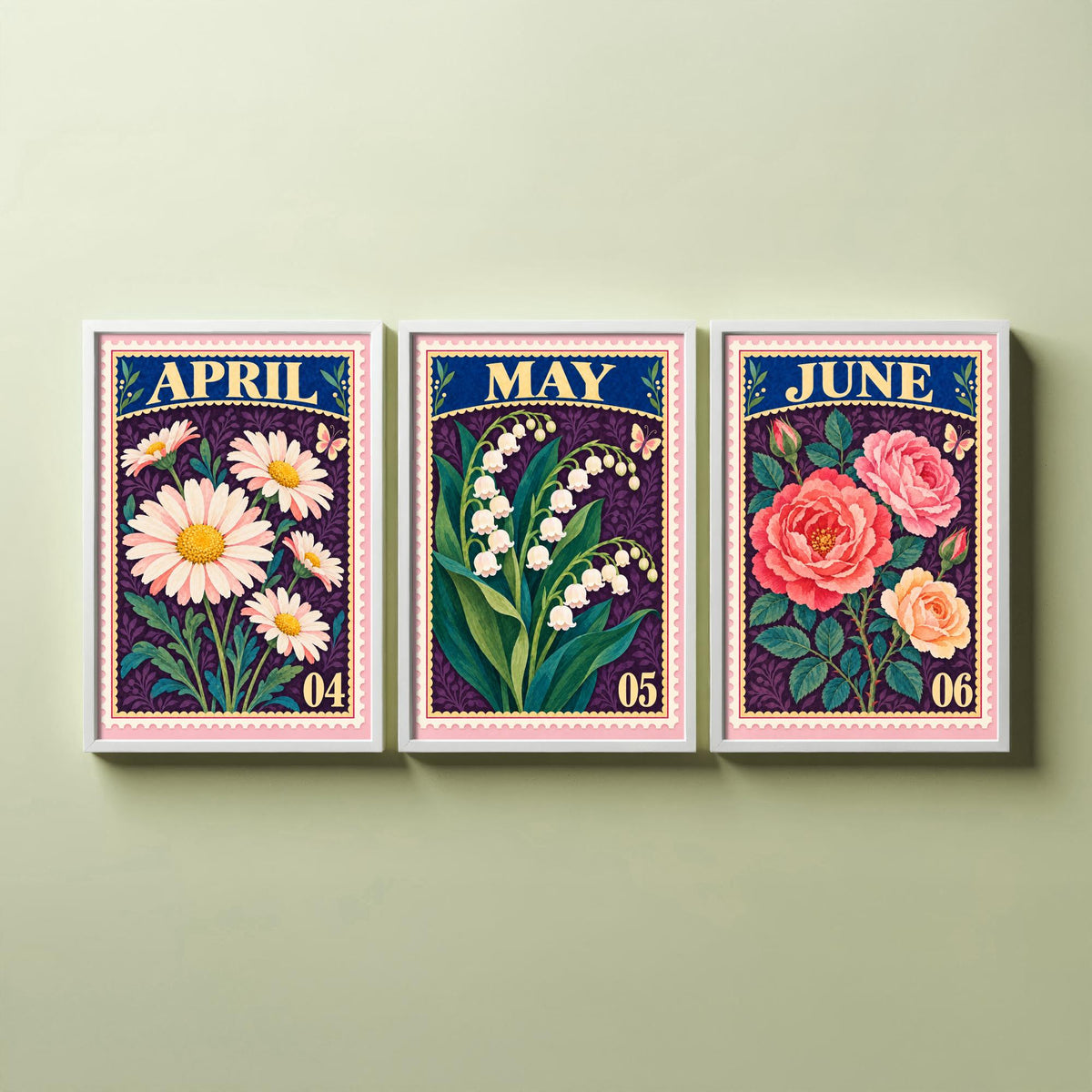 April to June Birth Flower Set of Three Art Prints - Daisy, Lily of the Valley, Rose - Vintage Postage Stamp Botanical Illustration Posters