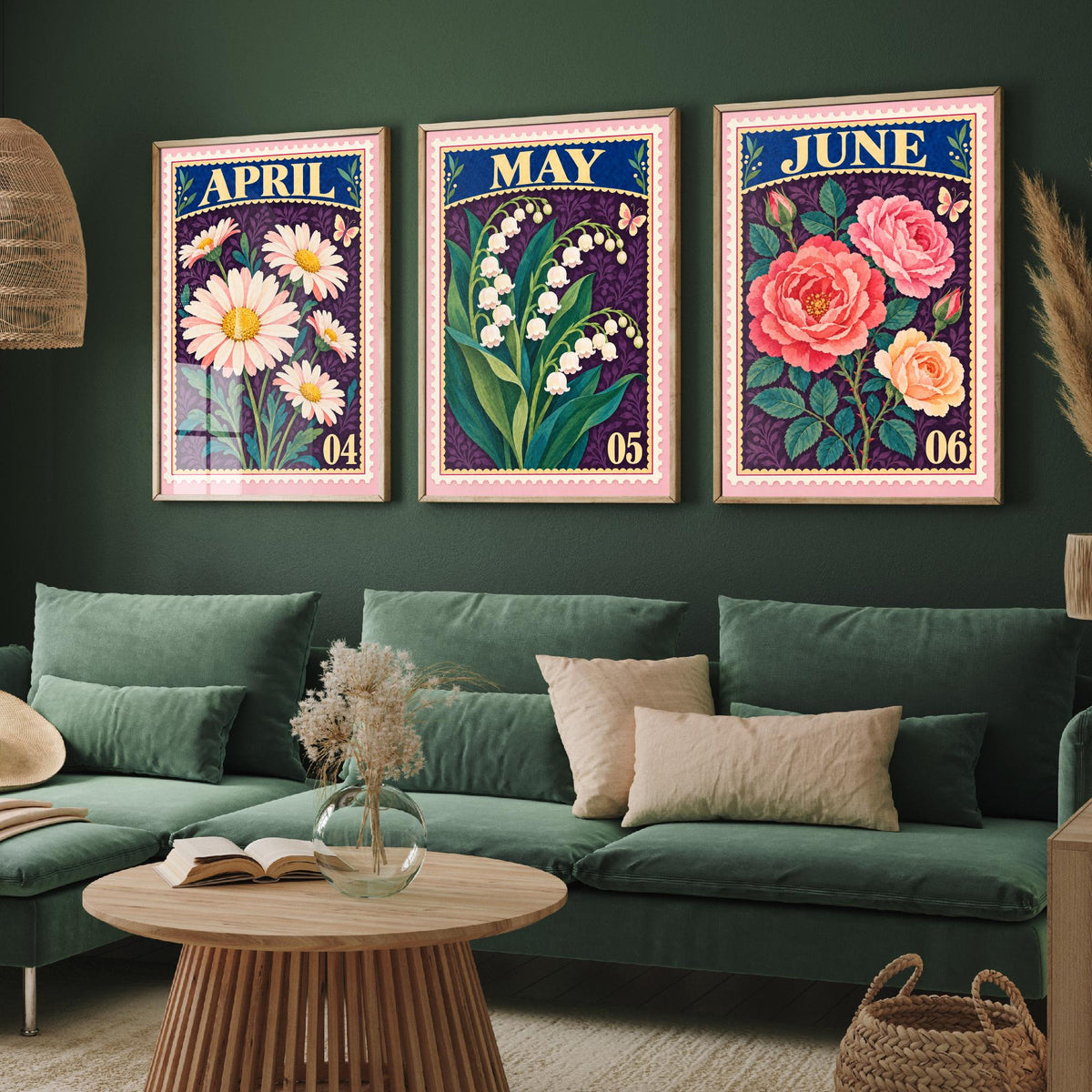 April to June Birth Flower Set of Three Art Prints - Daisy, Lily of the Valley, Rose - Vintage Postage Stamp Botanical Illustration Posters
