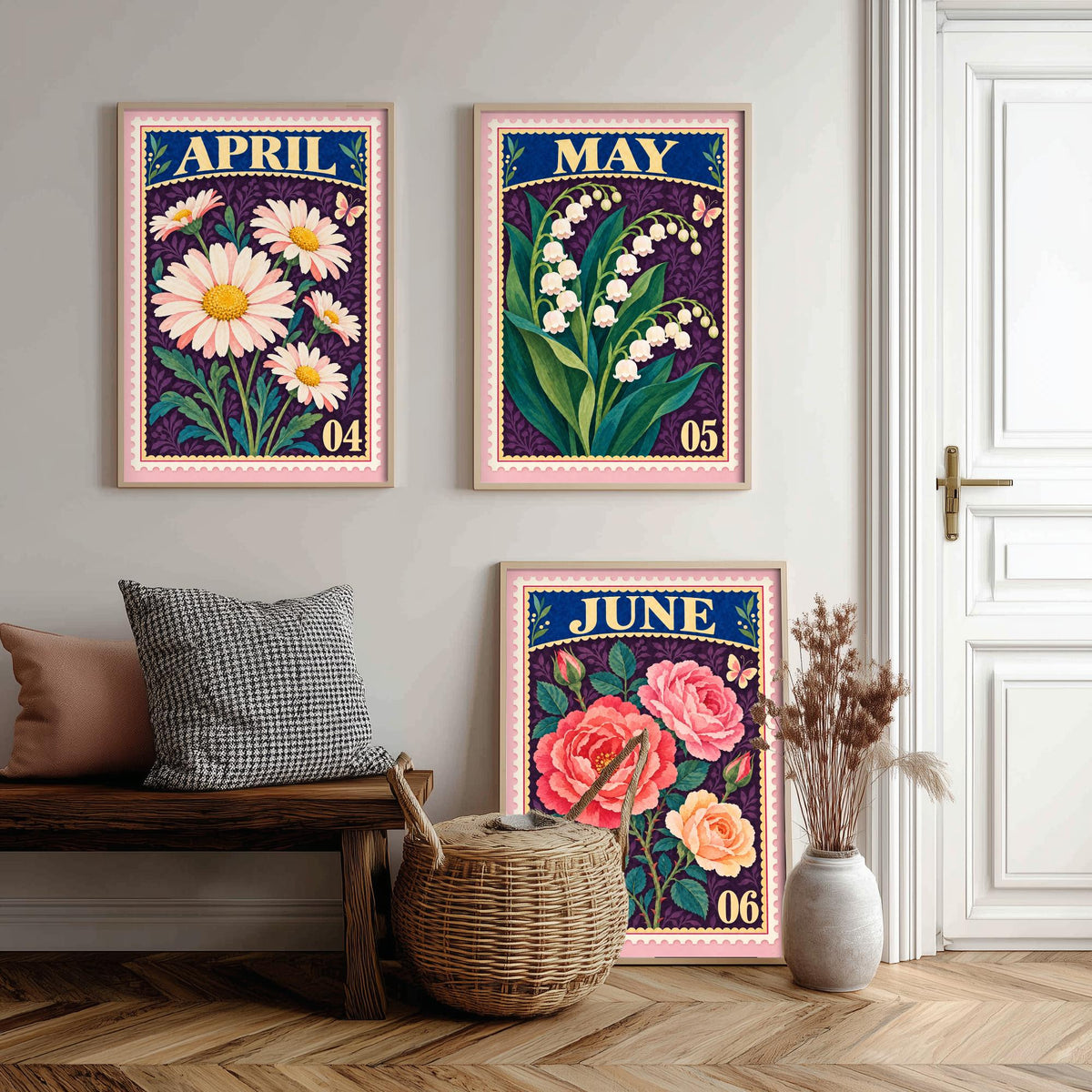 April to June Birth Flower Set of Three Art Prints - Daisy, Lily of the Valley, Rose - Vintage Postage Stamp Botanical Illustration Posters
