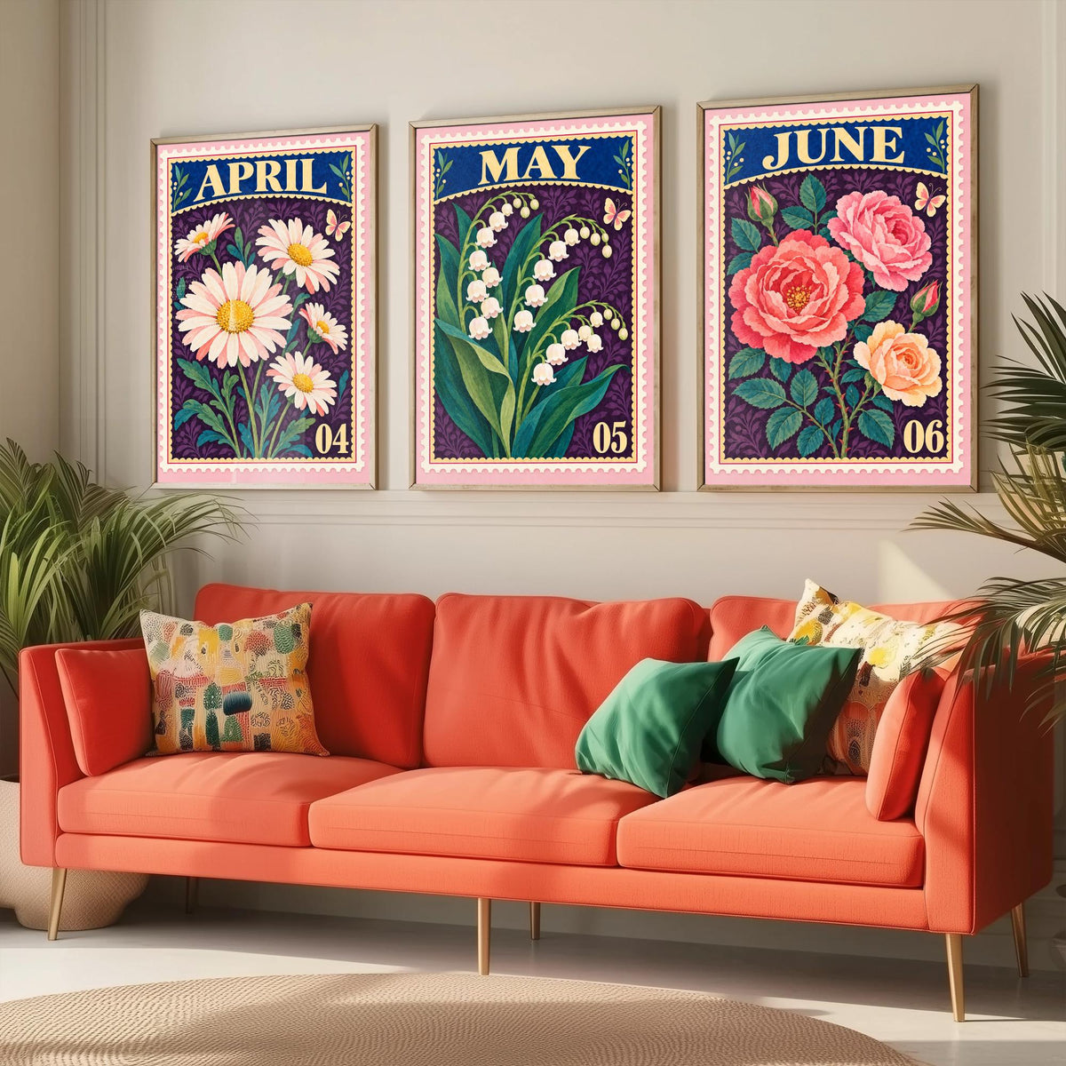 April to June Birth Flower Set of Three Art Prints - Daisy, Lily of the Valley, Rose - Vintage Postage Stamp Botanical Illustration Posters