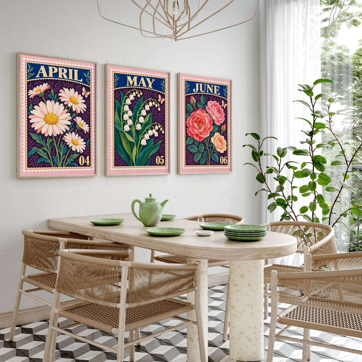 April to June Birth Flower Set of Three Art Prints - Daisy, Lily of the Valley, Rose - Vintage Postage Stamp Botanical Illustration Posters