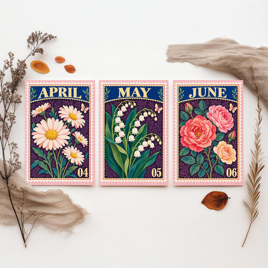 April to June Birth Flower Set of Three Art Prints - Daisy, Lily of the Valley, Rose - Vintage Postage Stamp Botanical Illustration Posters