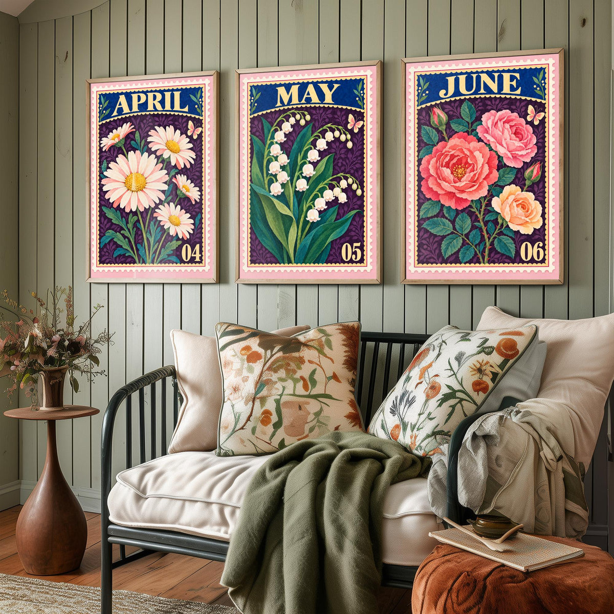 April to June Birth Flower Set of Three Art Prints - Daisy, Lily of the Valley, Rose - Vintage Postage Stamp Botanical Illustration Posters