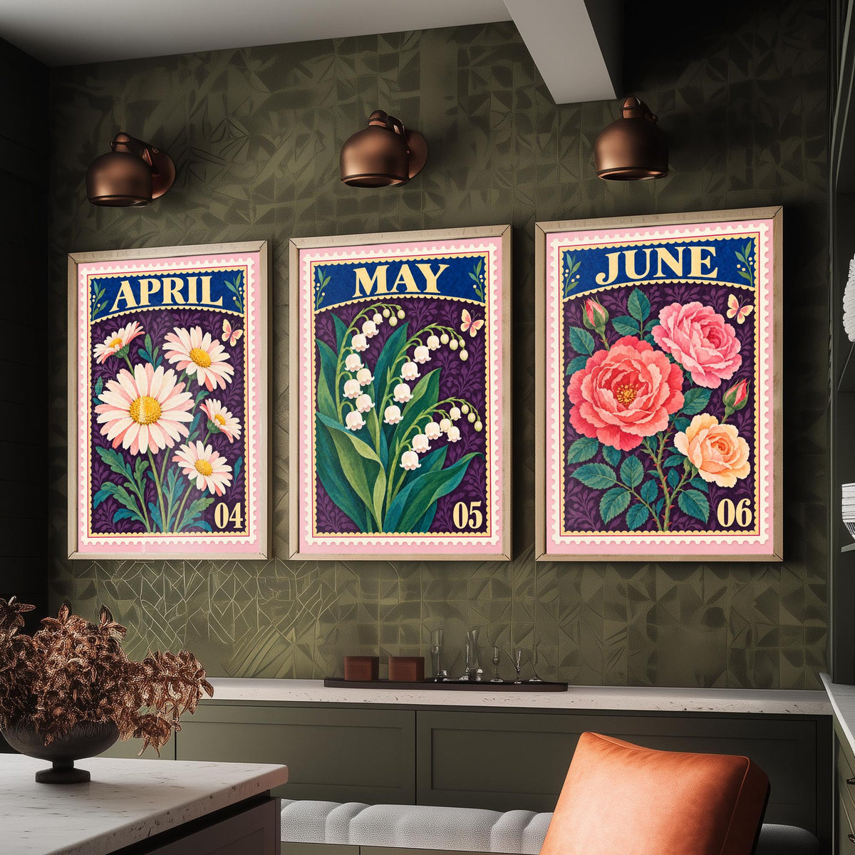 April to June Birth Flower Set of Three Art Prints - Daisy, Lily of the Valley, Rose - Vintage Postage Stamp Botanical Illustration Posters
