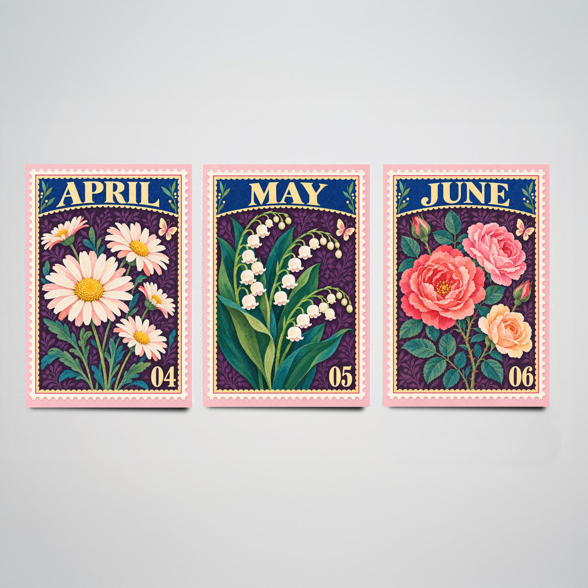 April to June Birth Flower Set of Three Art Prints - Daisy, Lily of the Valley, Rose - Vintage Postage Stamp Botanical Illustration Posters