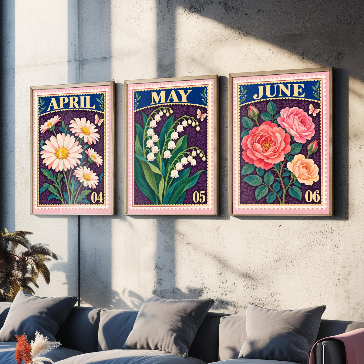 April to June Birth Flower Set of Three Art Prints - Daisy, Lily of the Valley, Rose - Vintage Postage Stamp Botanical Illustration Posters