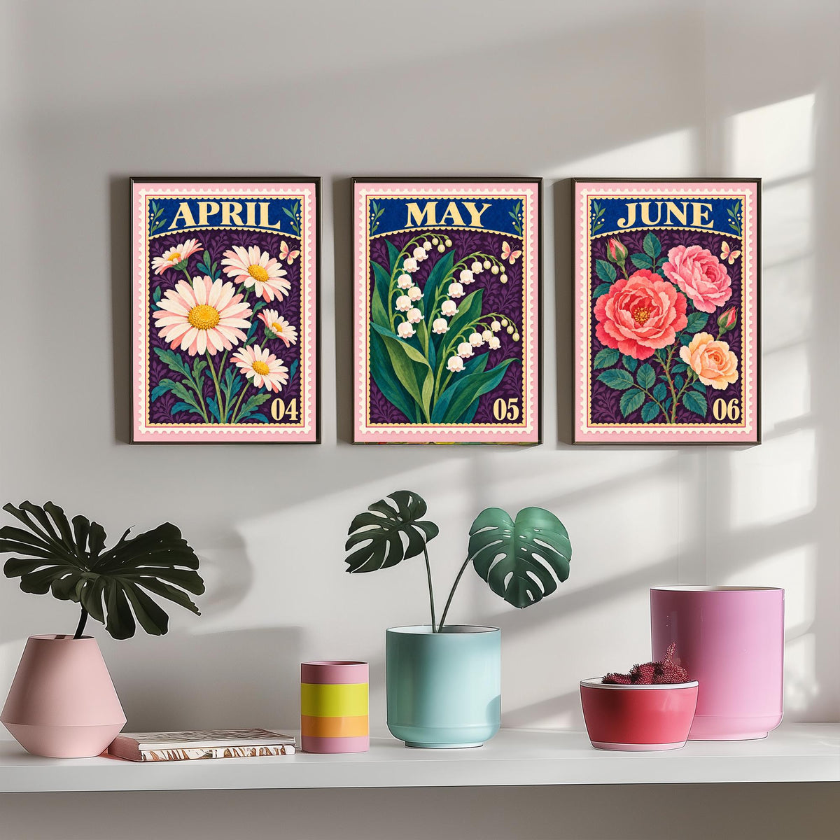 April to June Birth Flower Set of Three Art Prints - Daisy, Lily of the Valley, Rose - Vintage Postage Stamp Botanical Illustration Posters