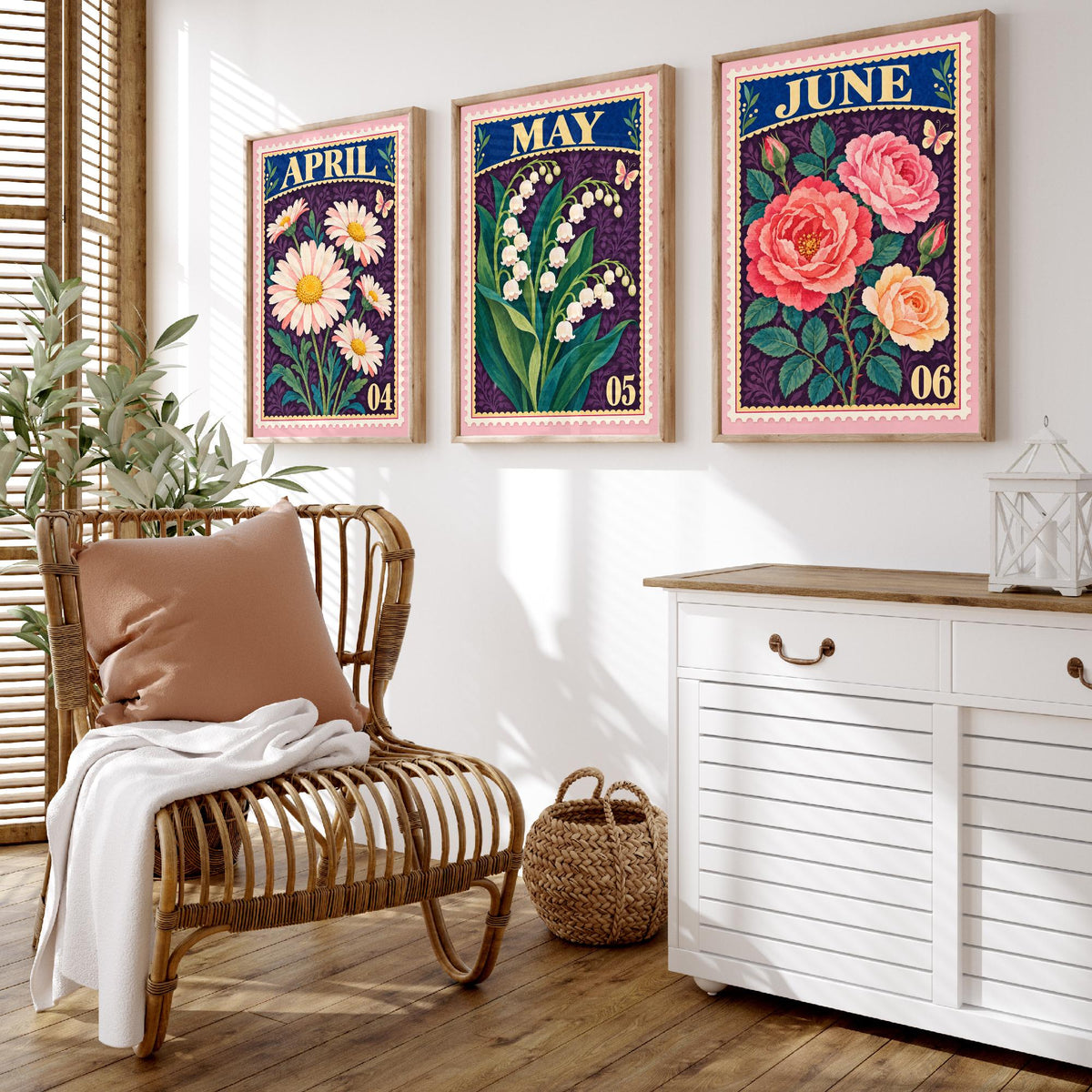 April to June Birth Flower Set of Three Art Prints - Daisy, Lily of the Valley, Rose - Vintage Postage Stamp Botanical Illustration Posters
