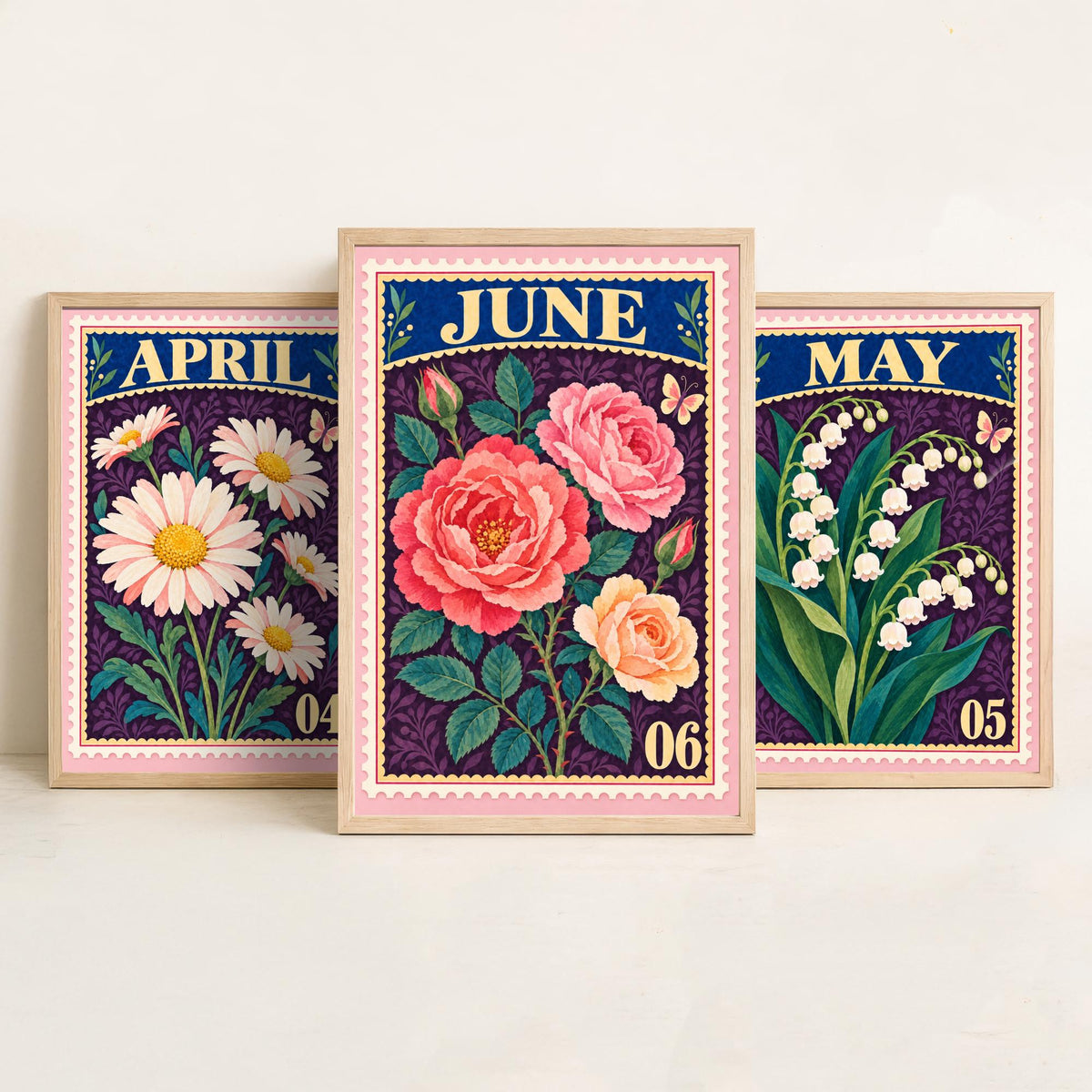 April to June Birth Flower Set of Three Art Prints - Daisy, Lily of the Valley, Rose - Vintage Postage Stamp Botanical Illustration Posters