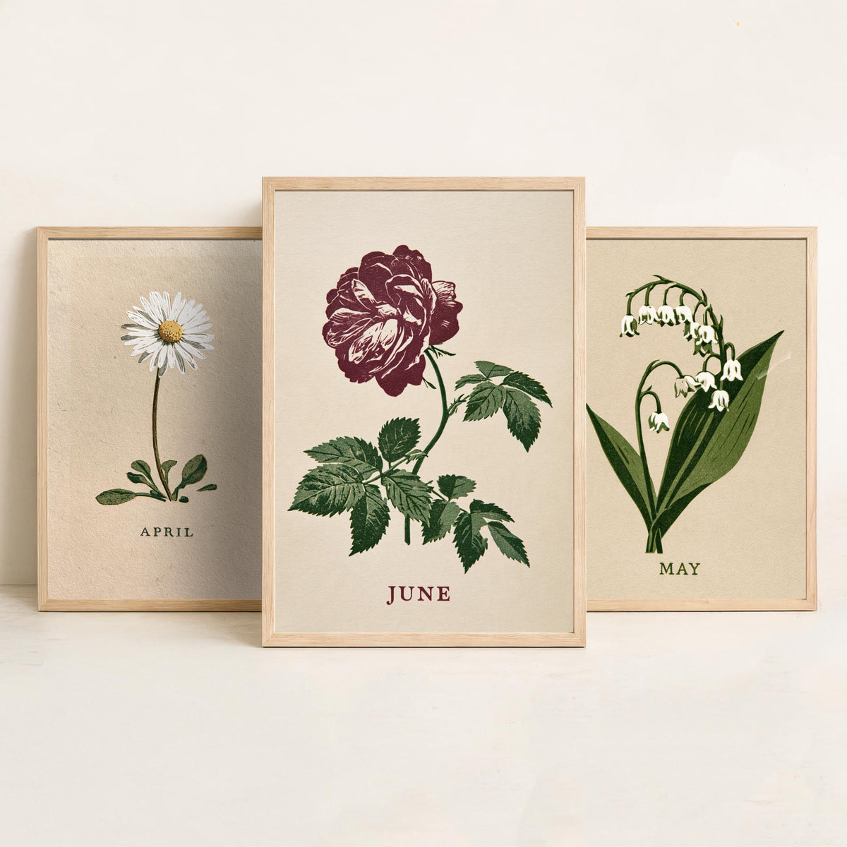 April to June Birth Flower Set of Three Art Prints - Daisy, Lily of the Valley, Rose - Bold Block Print Botanical Illustration Posters