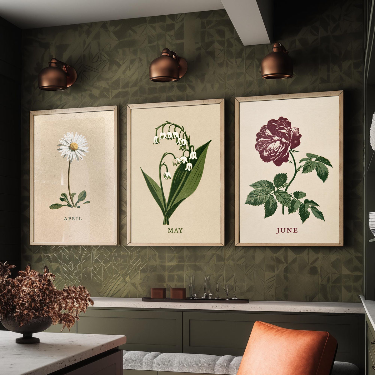 April to June Birth Flower Set of Three Art Prints - Daisy, Lily of the Valley, Rose - Bold Block Print Botanical Illustration Posters