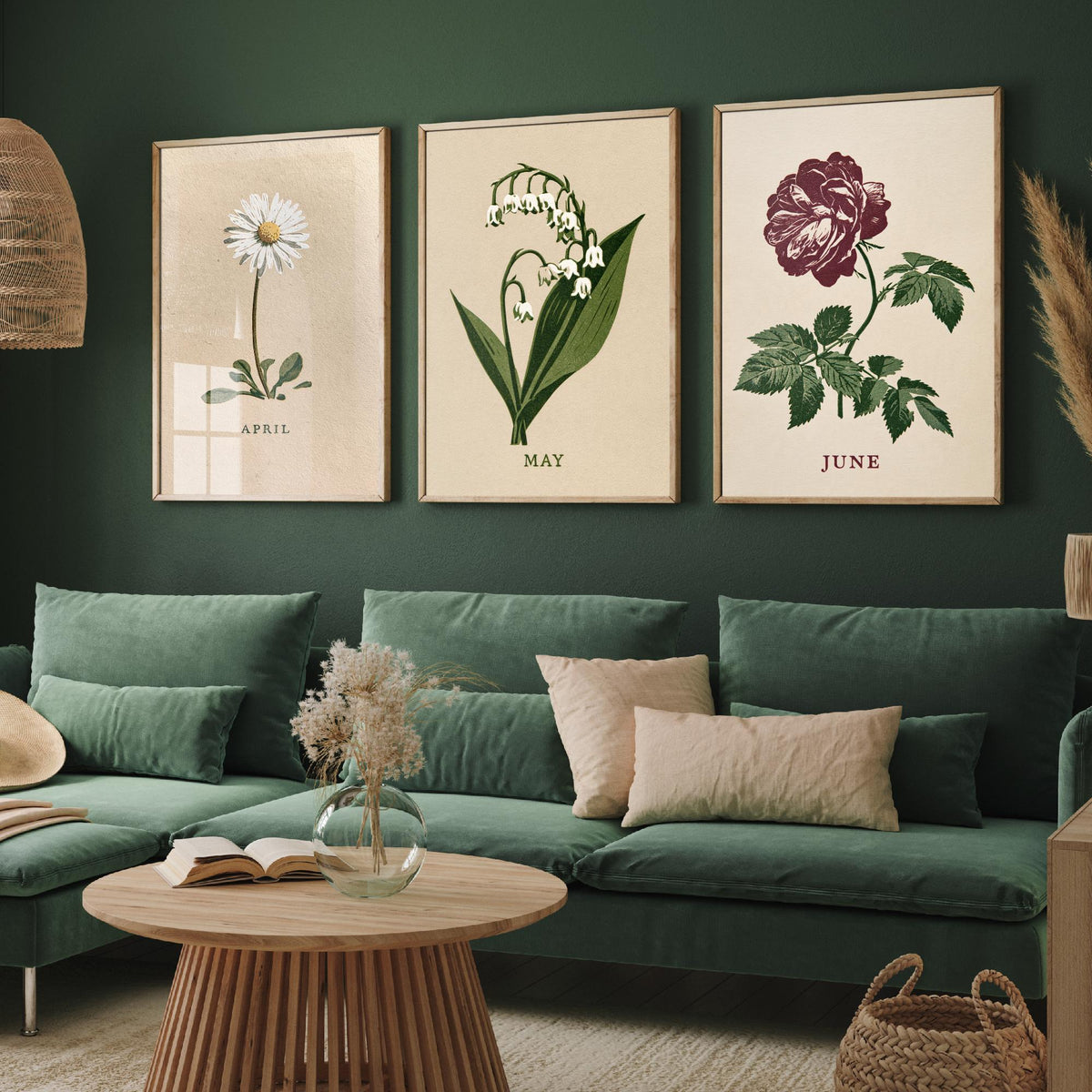 April to June Birth Flower Set of Three Art Prints - Daisy, Lily of the Valley, Rose - Bold Block Print Botanical Illustration Posters