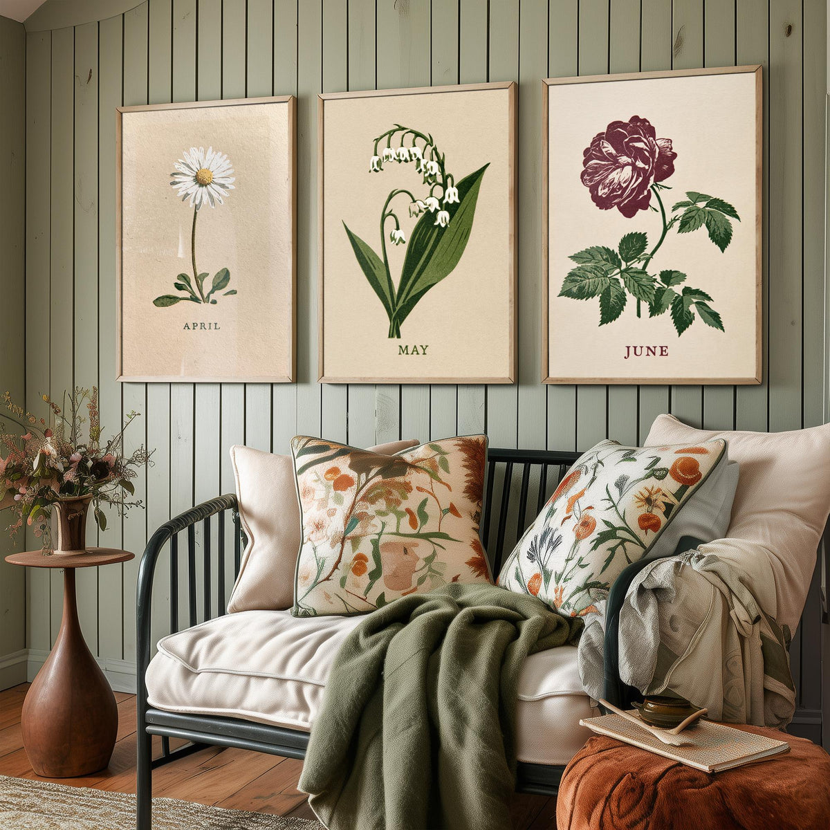April to June Birth Flower Set of Three Art Prints - Daisy, Lily of the Valley, Rose - Bold Block Print Botanical Illustration Posters
