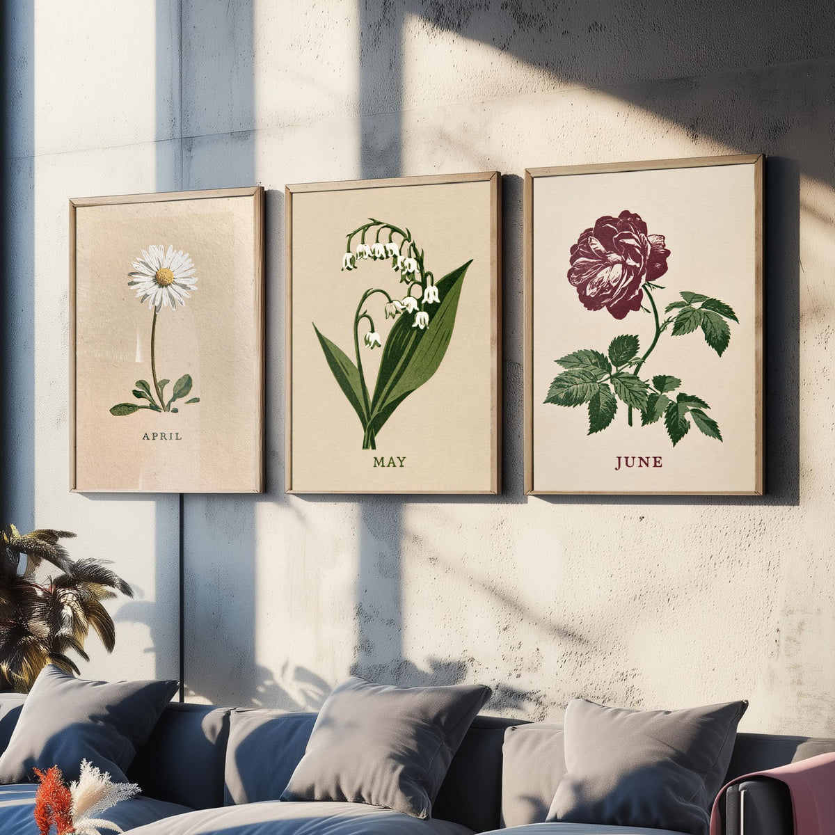 April to June Birth Flower Set of Three Art Prints - Daisy, Lily of the Valley, Rose - Bold Block Print Botanical Illustration Posters