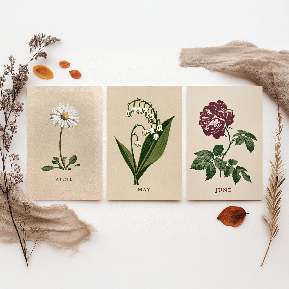 April to June Birth Flower Set of Three Art Prints - Daisy, Lily of the Valley, Rose - Bold Block Print Botanical Illustration Posters