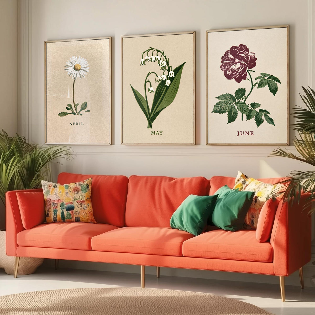 April to June Birth Flower Set of Three Art Prints - Daisy, Lily of the Valley, Rose - Bold Block Print Botanical Illustration Posters