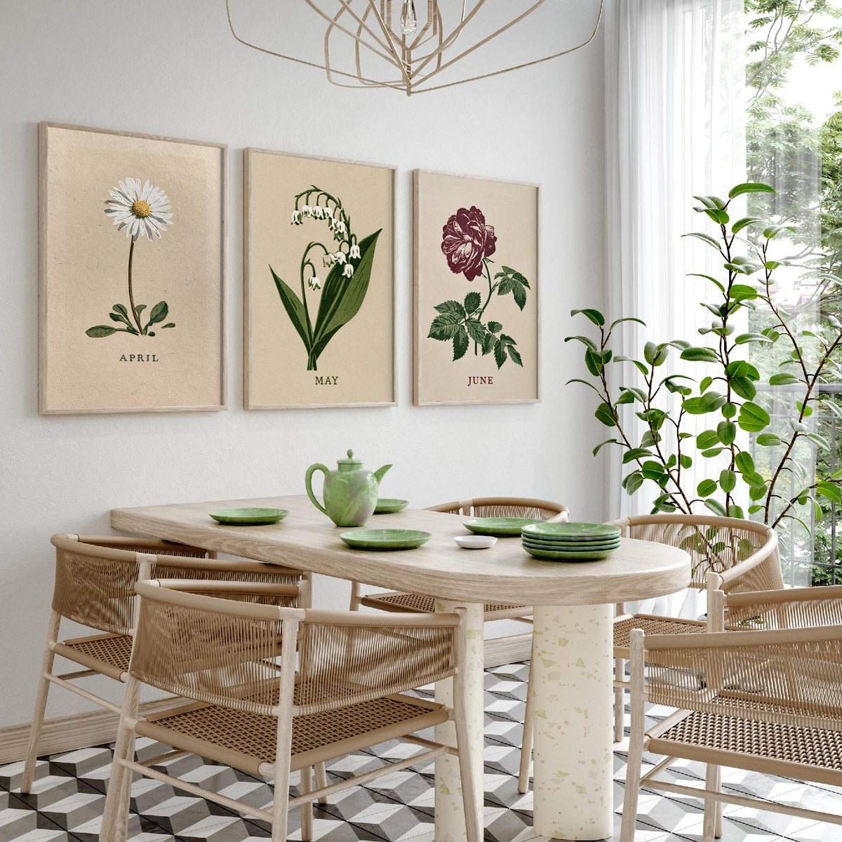 April to June Birth Flower Set of Three Art Prints - Daisy, Lily of the Valley, Rose - Bold Block Print Botanical Illustration Posters