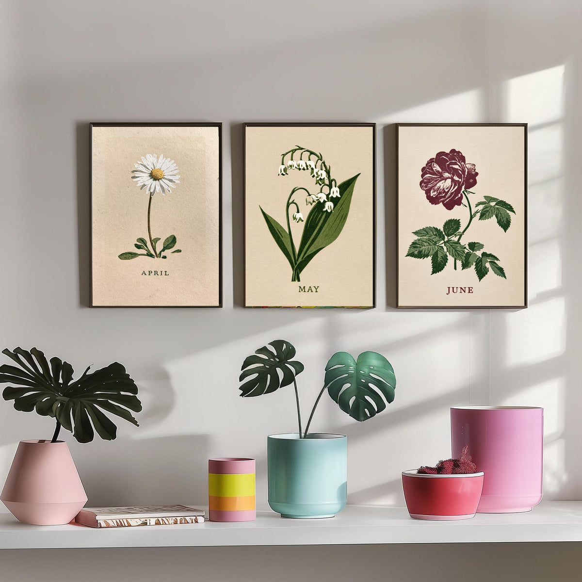 April to June Birth Flower Set of Three Art Prints - Daisy, Lily of the Valley, Rose - Bold Block Print Botanical Illustration Posters