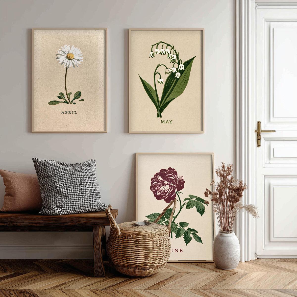 April to June Birth Flower Set of Three Art Prints - Daisy, Lily of the Valley, Rose - Bold Block Print Botanical Illustration Posters