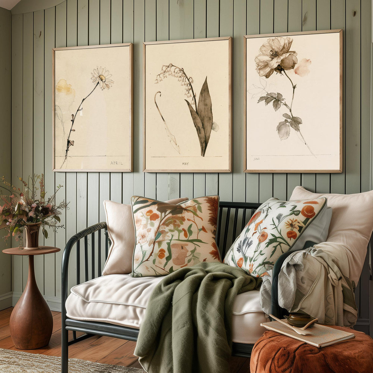 April to June Birth Flower Set of Three Art Prints - Daisy, Lily of the Valley, Rose - Antique Sepia Ink Botanical Illustration Posters