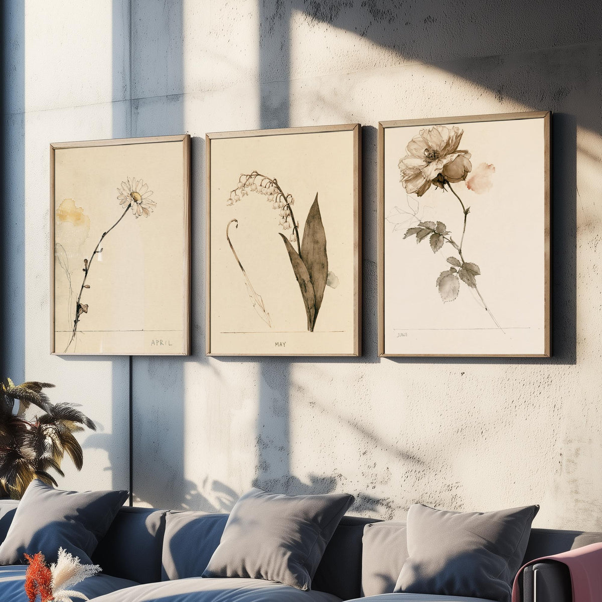 April to June Birth Flower Set of Three Art Prints - Daisy, Lily of the Valley, Rose - Antique Sepia Ink Botanical Illustration Posters
