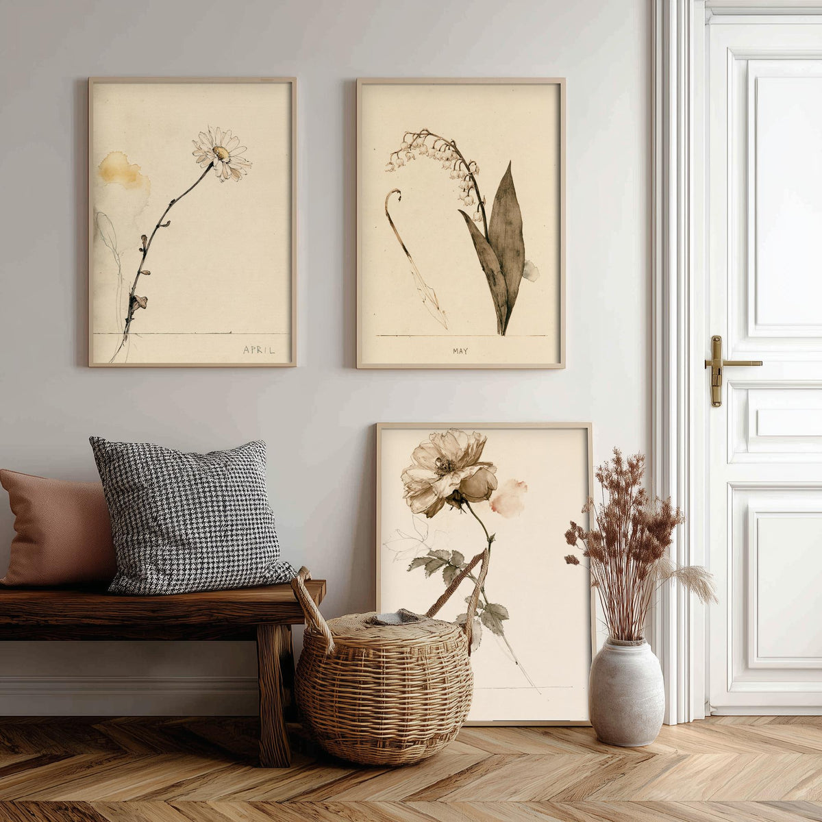 April to June Birth Flower Set of Three Art Prints - Daisy, Lily of the Valley, Rose - Antique Sepia Ink Botanical Illustration Posters