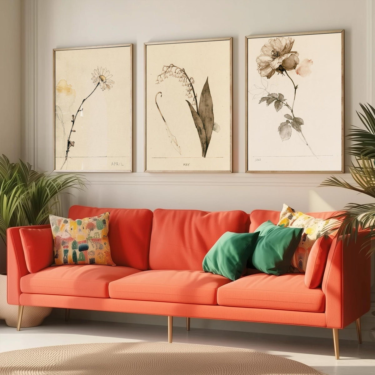 April to June Birth Flower Set of Three Art Prints - Daisy, Lily of the Valley, Rose - Antique Sepia Ink Botanical Illustration Posters