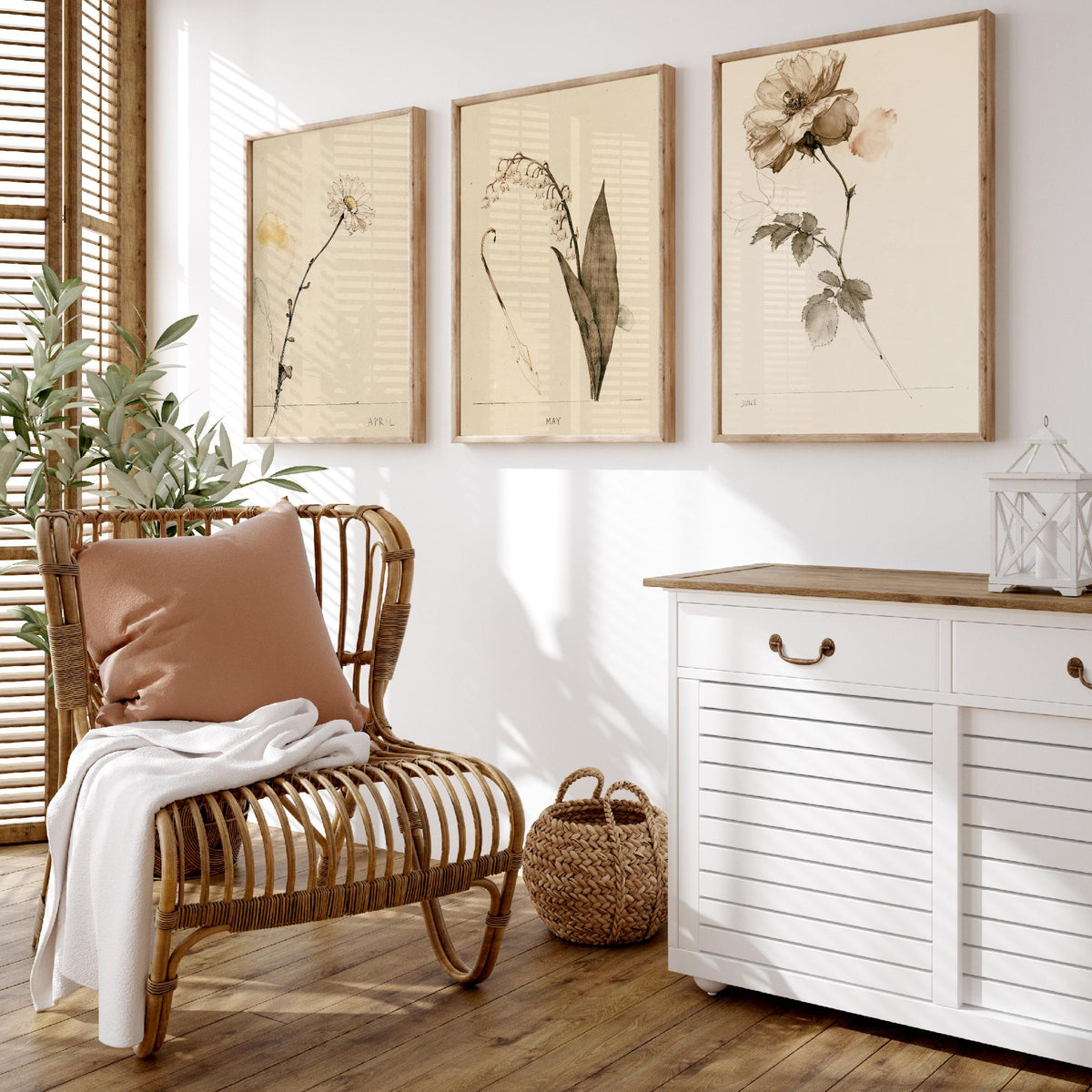 April to June Birth Flower Set of Three Art Prints - Daisy, Lily of the Valley, Rose - Antique Sepia Ink Botanical Illustration Posters