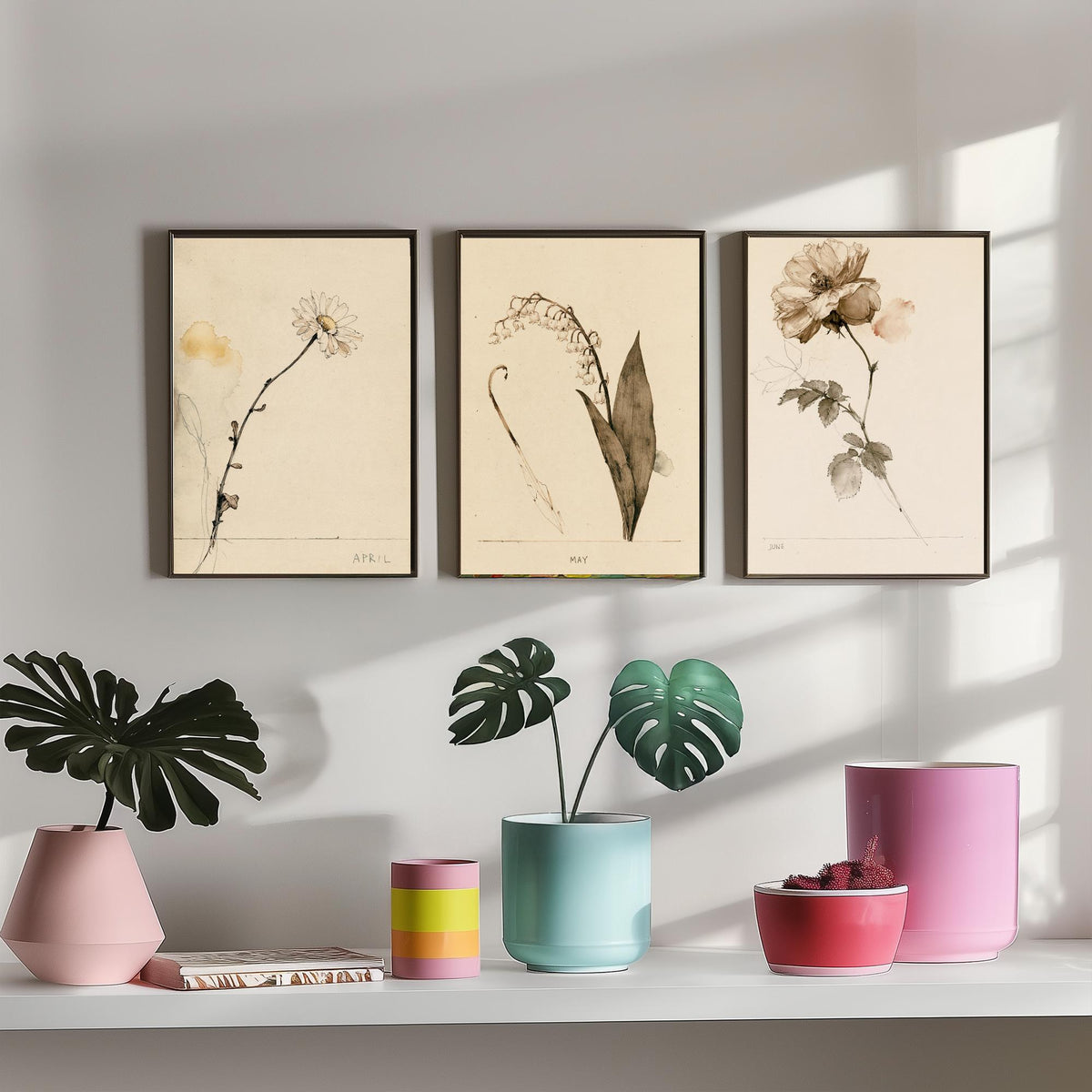 April to June Birth Flower Set of Three Art Prints - Daisy, Lily of the Valley, Rose - Antique Sepia Ink Botanical Illustration Posters