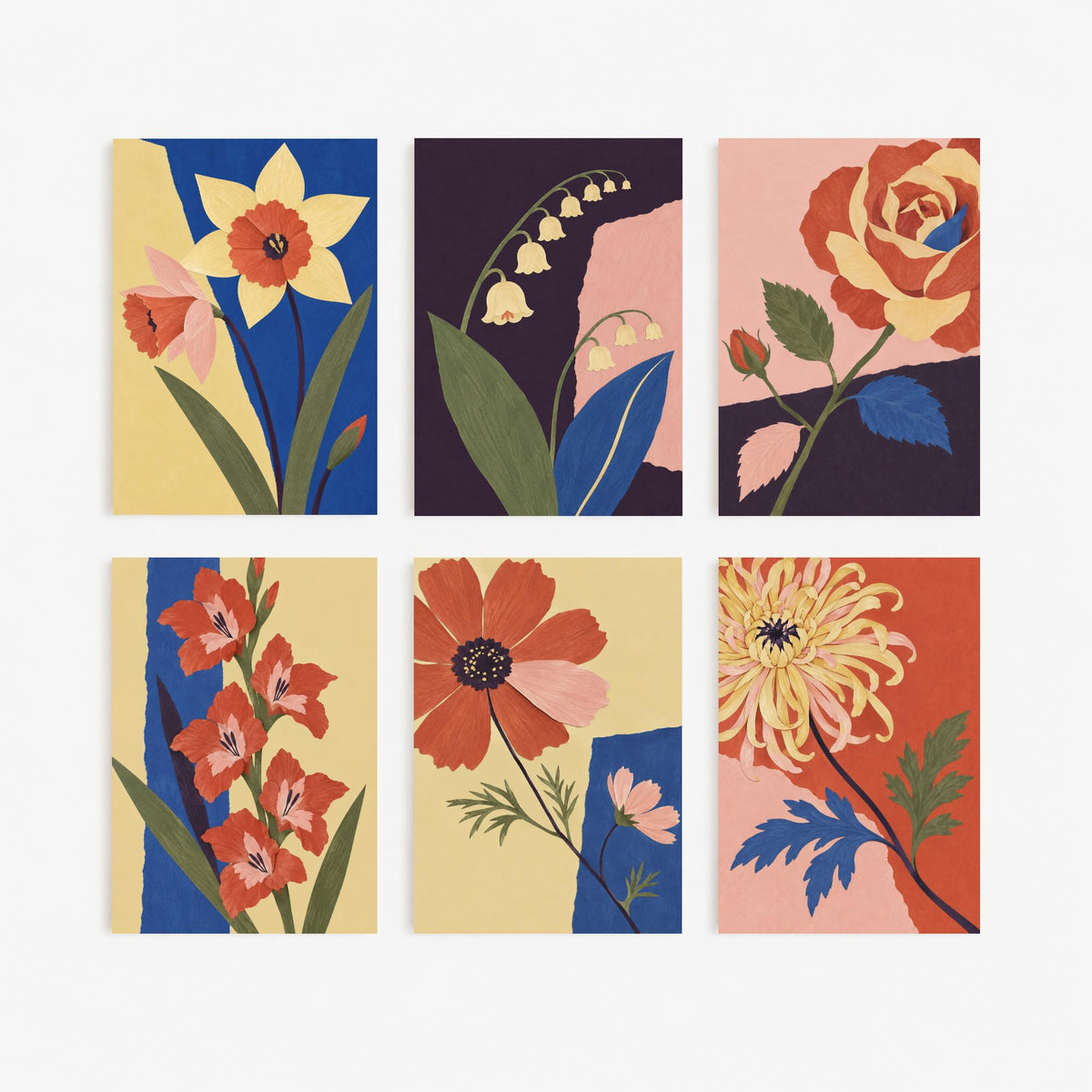 March to November Birth Flower Set of Six Art Prints - 6 Cut Paper Collage Botanical Illustration Posters - Daffodil to Chrysanthemum