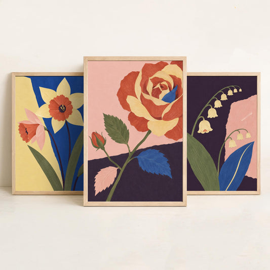 March, May and June Birth Flower Set of Three Prints - Daffodil, Lily of the Valley, Rose - Cut Paper Collage Botanical Illustration Posters