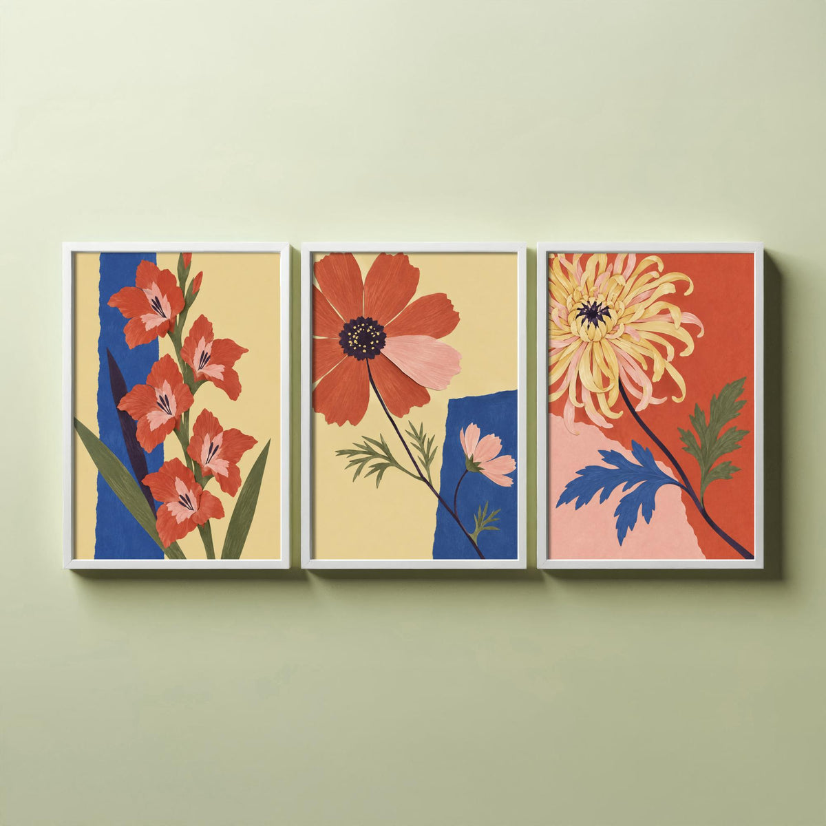 August, October and November Birth Flower Set of Three Prints - Gladiolus, Cosmos, Chrysanthemum - Cut Paper Collage Illustration Posters