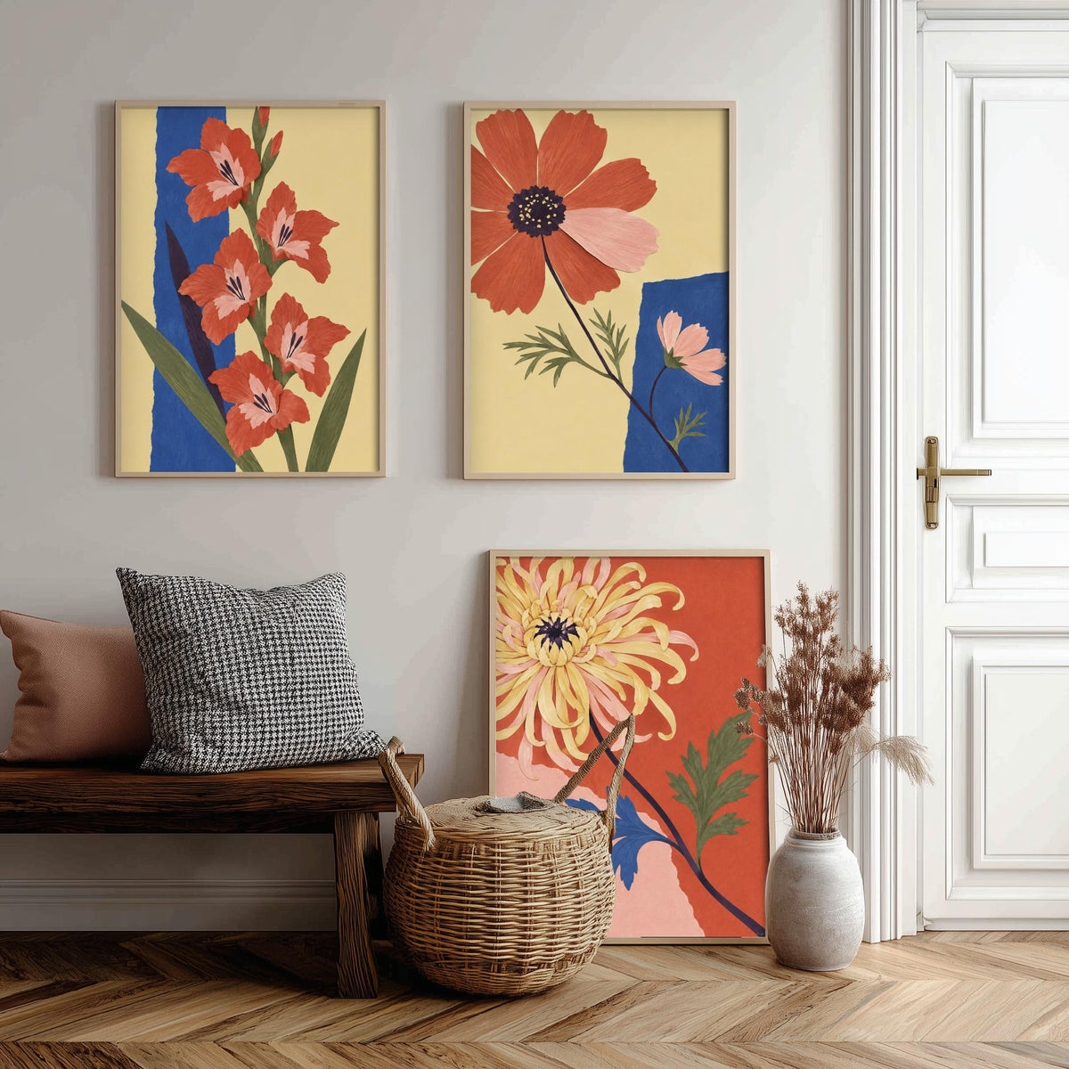 August, October and November Birth Flower Set of Three Prints - Gladiolus, Cosmos, Chrysanthemum - Cut Paper Collage Illustration Posters