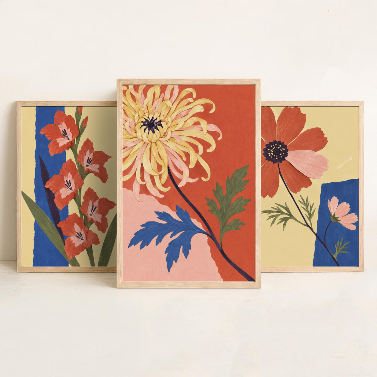 August, October and November Birth Flower Set of Three Prints - Gladiolus, Cosmos, Chrysanthemum - Cut Paper Collage Illustration Posters