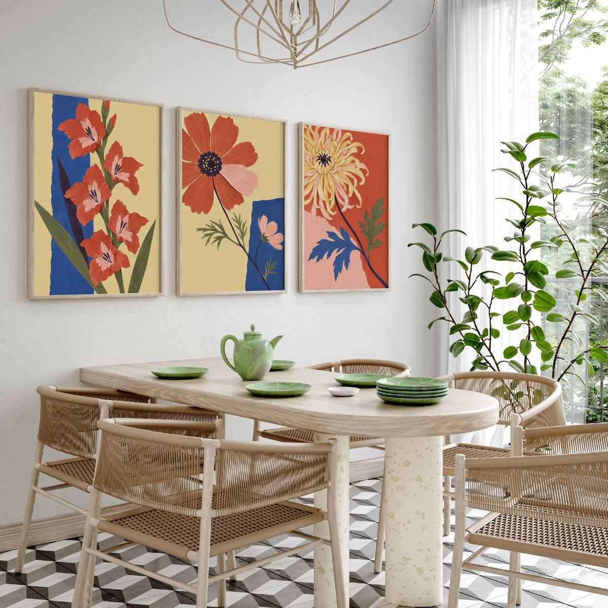 August, October and November Birth Flower Set of Three Prints - Gladiolus, Cosmos, Chrysanthemum - Cut Paper Collage Illustration Posters