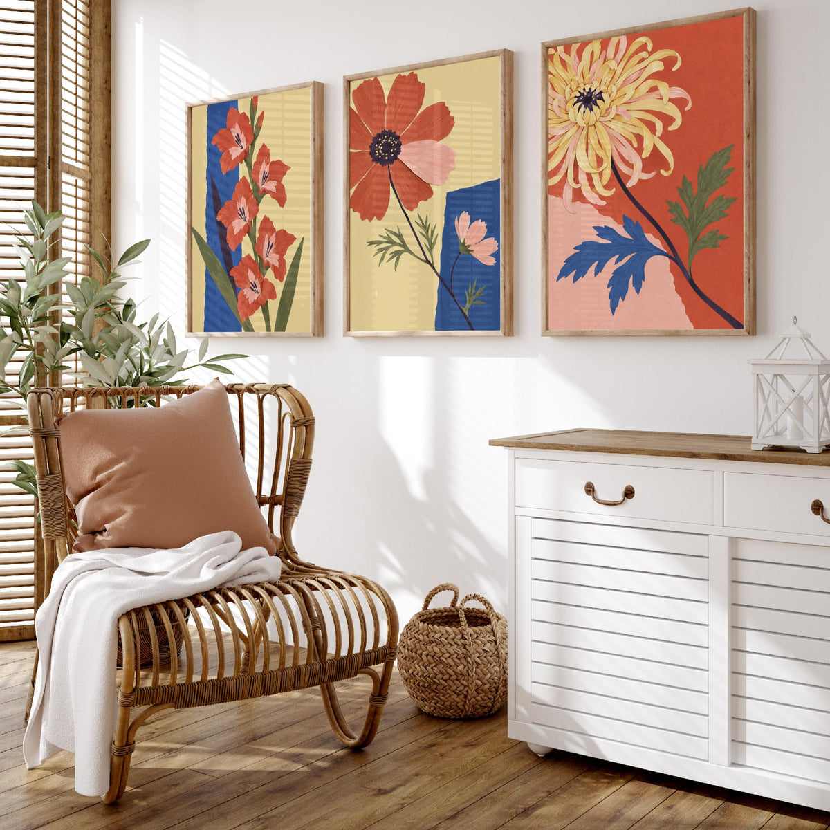 August, October and November Birth Flower Set of Three Prints - Gladiolus, Cosmos, Chrysanthemum - Cut Paper Collage Illustration Posters