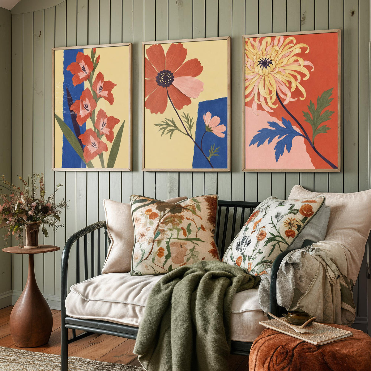 August, October and November Birth Flower Set of Three Prints - Gladiolus, Cosmos, Chrysanthemum - Cut Paper Collage Illustration Posters