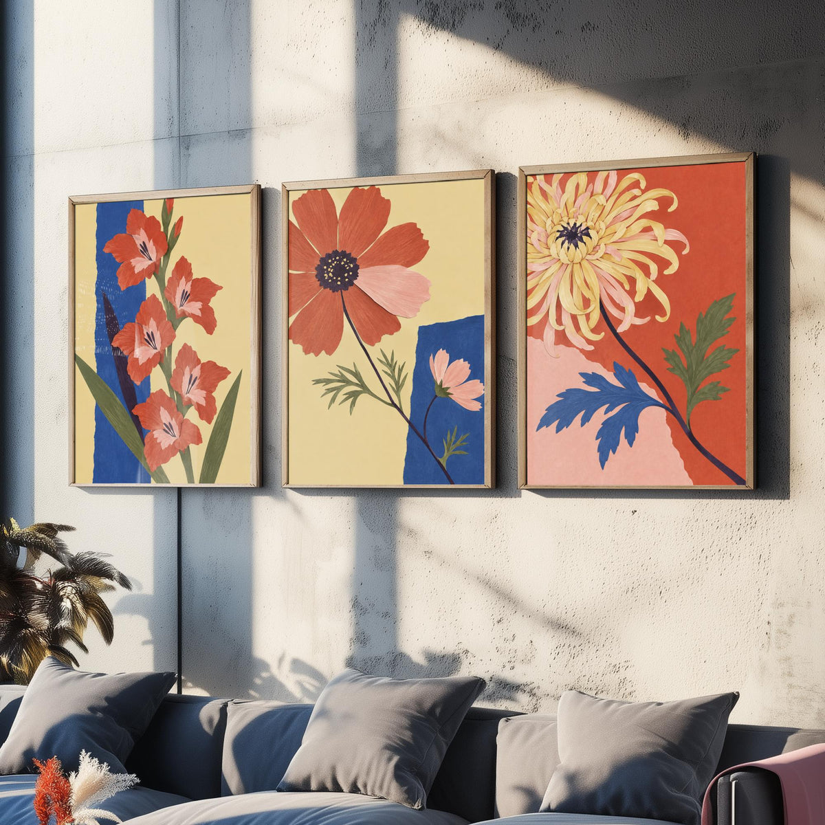 August, October and November Birth Flower Set of Three Prints - Gladiolus, Cosmos, Chrysanthemum - Cut Paper Collage Illustration Posters