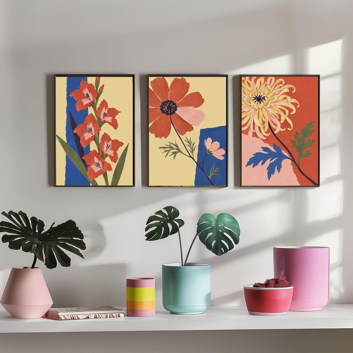 August, October and November Birth Flower Set of Three Prints - Gladiolus, Cosmos, Chrysanthemum - Cut Paper Collage Illustration Posters