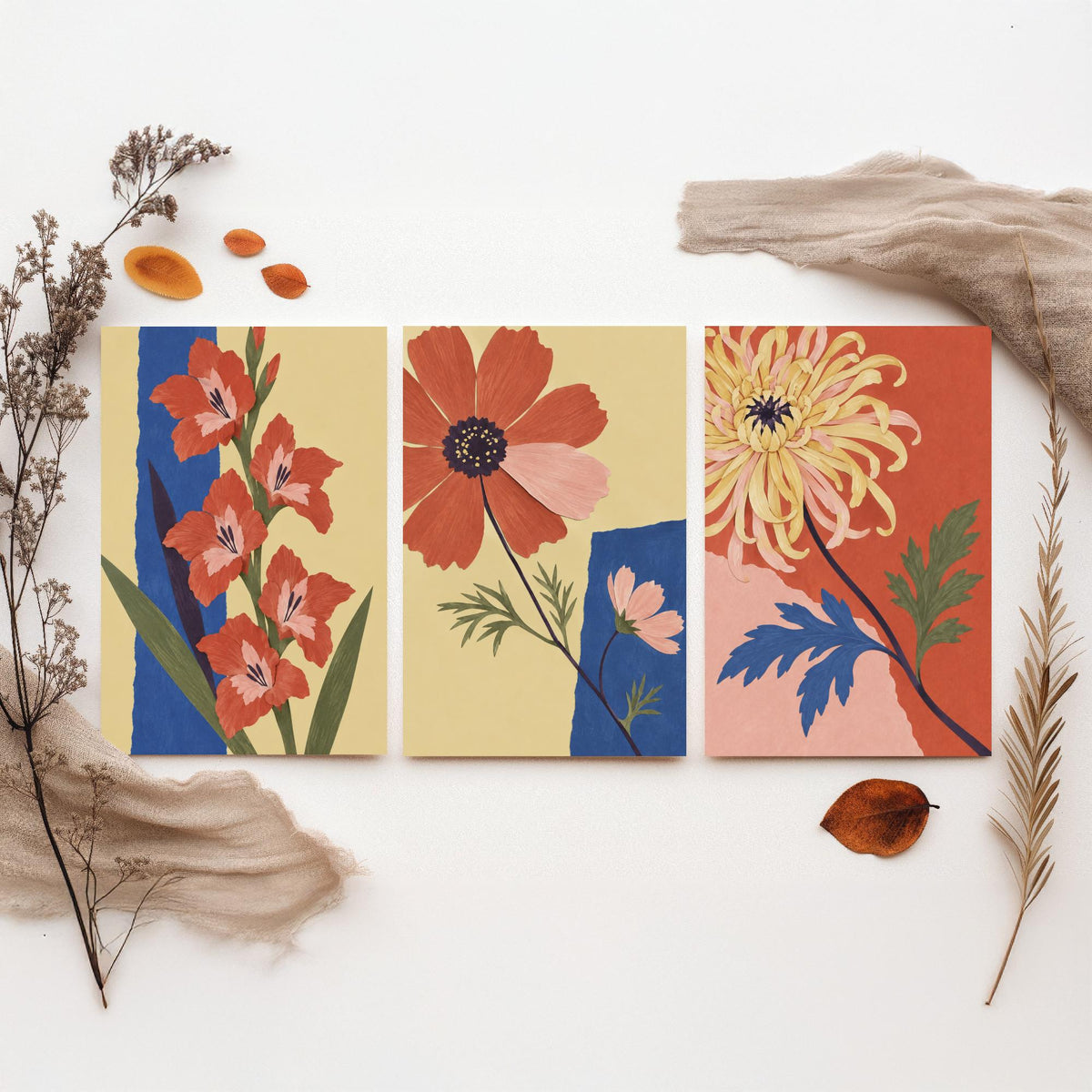 August, October and November Birth Flower Set of Three Prints - Gladiolus, Cosmos, Chrysanthemum - Cut Paper Collage Illustration Posters