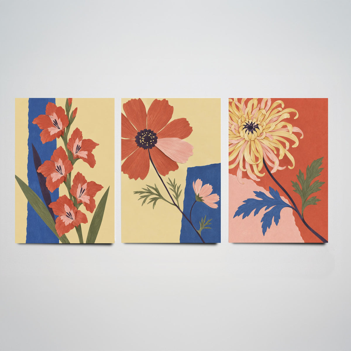 August, October and November Birth Flower Set of Three Prints - Gladiolus, Cosmos, Chrysanthemum - Cut Paper Collage Illustration Posters